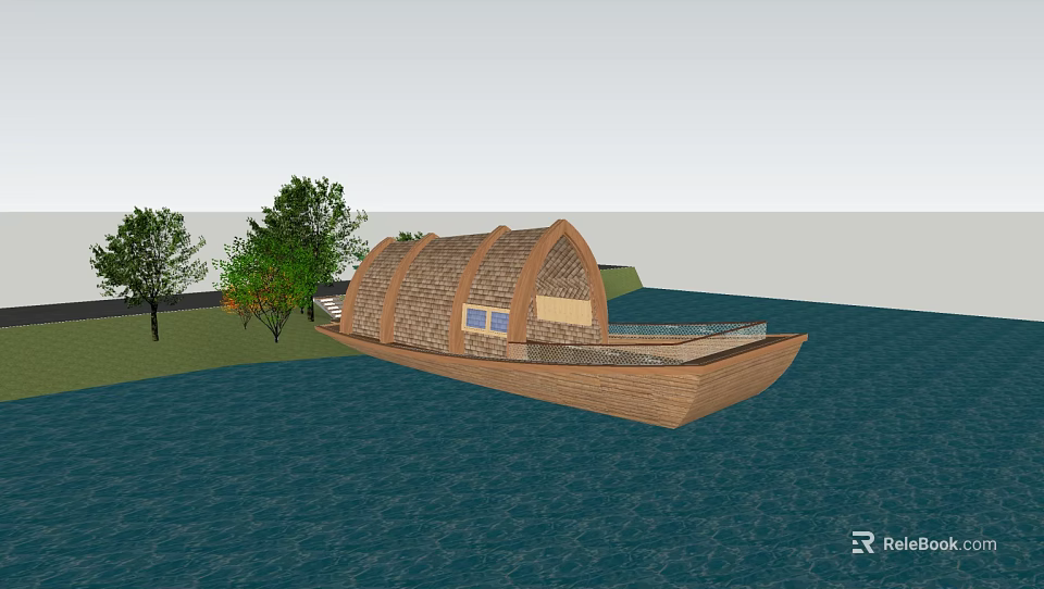 Boat Shaped Wooden House On Water With Surrounding Trees And Wooden Roof 3d model 