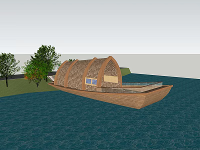 Boat Shaped Wooden House On Water With Surrounding Trees And Wooden Roof 3d model