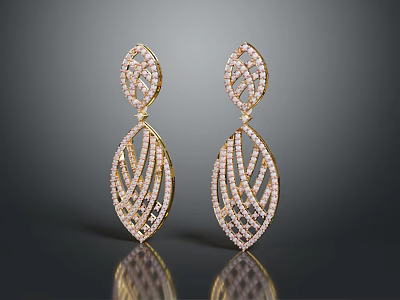 Elegant Gold Leaf Shaped Earrings With Braided Design And Sparkling Diamonds 3d model