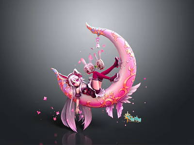 Woman Sitting On Pink Crescent Moon With Bunny Ears Wings And Floating Pink Petals 3d model