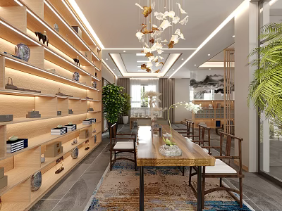 Chinese Style Tea Room With Long Table Decor Shelves And Plants 3d model