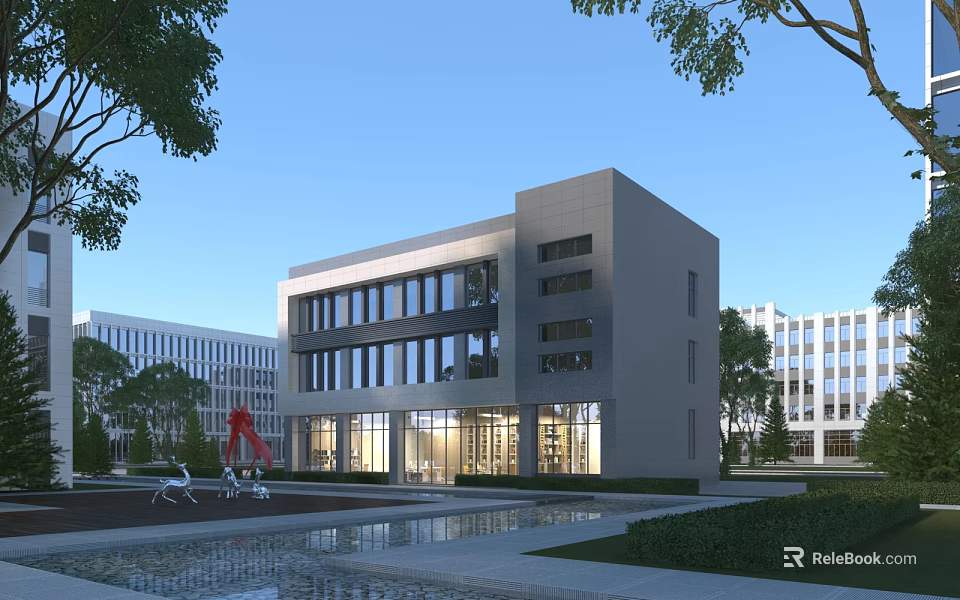 Modern Office Building With Large Glass Windows Surrounded By Landscaped Gardens Reflecting Pool And Sculptures 3d model 