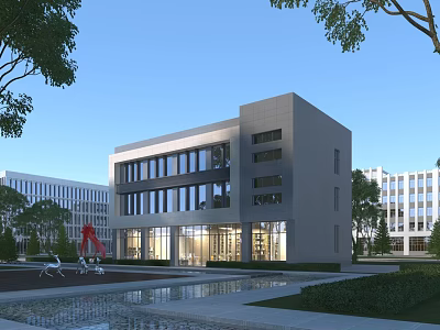 Modern Office Building With Large Glass Windows Surrounded By Landscaped Gardens Reflecting Pool And Sculptures 3d model