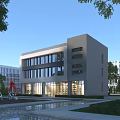Modern Office Building With Large Glass Windows Surrounded By Landscaped Gardens Reflecting Pool And Sculptures