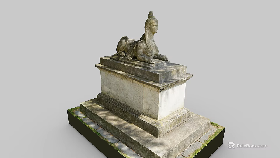 Intricate Stone Sphinx Sculpture Carving On Pedestal With Mossy Base In Outdoor Setting 3d model 