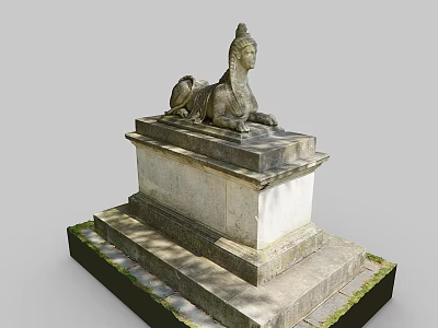 Intricate Stone Sphinx Sculpture Carving On Pedestal With Mossy Base In Outdoor Setting 3d model