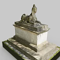 Intricate Stone Sphinx Sculpture Carving On Pedestal With Mossy Base In Outdoor Setting