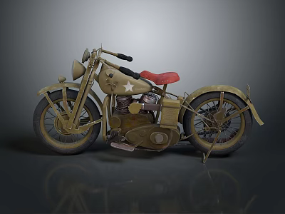 Classic Vintage Military Green Motorcycle With Red Seat And White Star 3d model