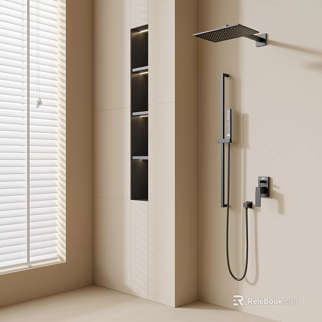 Sleek Black Shower System in Modern Beige Bathroom with Wall Mounted Design and Storage Shelves 3d model 