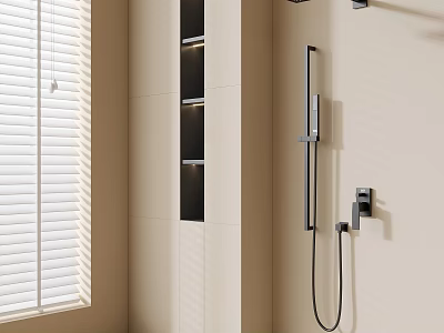 Sleek Black Shower System in Modern Beige Bathroom with Wall Mounted Design and Storage Shelves 3d model