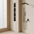 Sleek Black Shower System in Modern Beige Bathroom with Wall Mounted Design and Storage Shelves