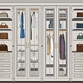 Elegant White Wardrobe With Glass Doors Hanging Clothes Drawers And Bags On Shelves