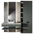 Elegant Modern Washbasin Interior Design With Marble Countertop Backlit Mirror And Gray Cabinet