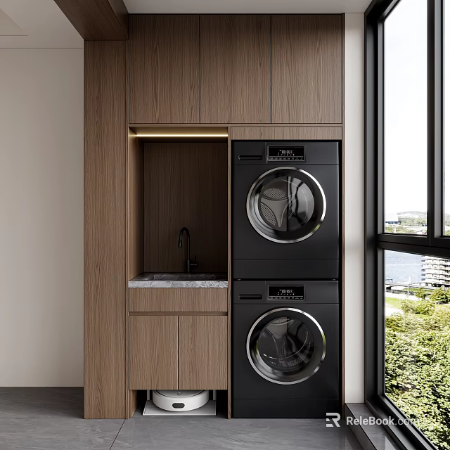 Wooden Balcony Cabinet With Stacked Washer Dryer Marble Countertop And Window View 3d model 