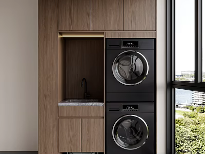 Wooden Balcony Cabinet With Stacked Washer Dryer Marble Countertop And Window View 3d model