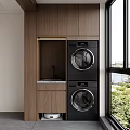 Wooden Balcony Cabinet With Stacked Washer Dryer Marble Countertop And Window View