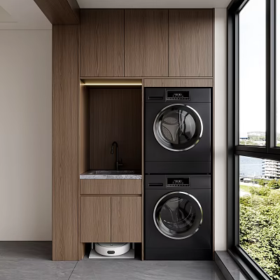 Wooden Balcony Cabinet With Stacked Washer Dryer Marble Countertop And Window View 3d model