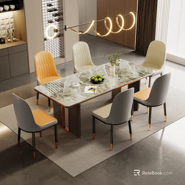 Modern Dining Table Set With Marble Top Metal Legs And Mixed Color Chairs 3d model 