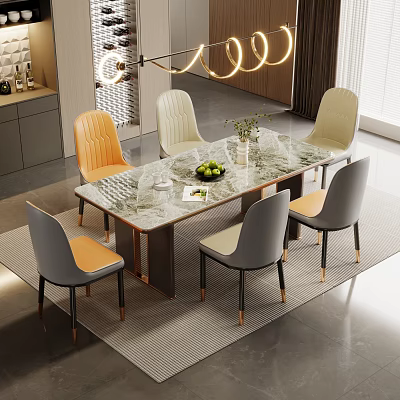 Modern Dining Table Set With Marble Top Metal Legs And Mixed Color Chairs 3d model
