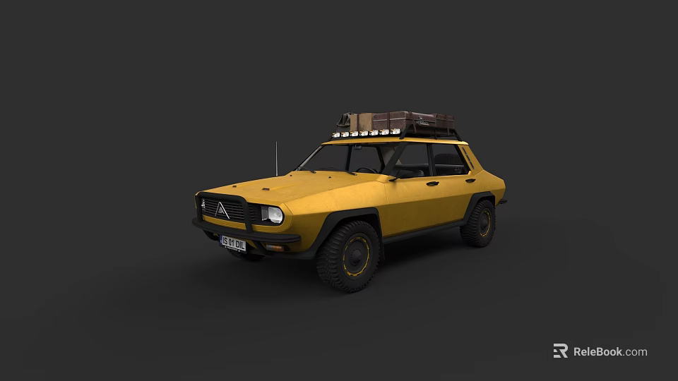 Yellow Off Road Car with Roof Rack Luggage and Lights on Top 3d model 