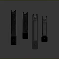 Four Black Curved Firearm Magazines Arranged On Dark Background As Weapon Accessories