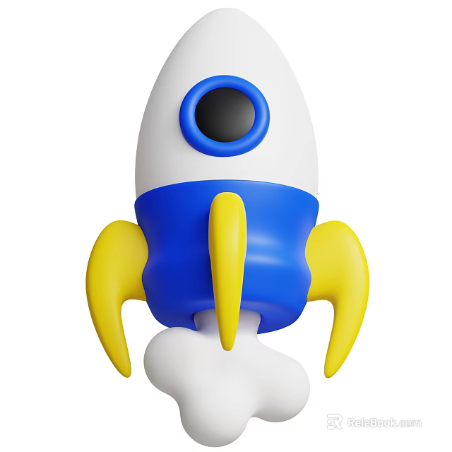 3D White And Blue Rocket Model With Yellow Fins And Round Window 3d model 