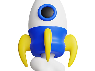 3D White And Blue Rocket Model With Yellow Fins And Round Window 3d model