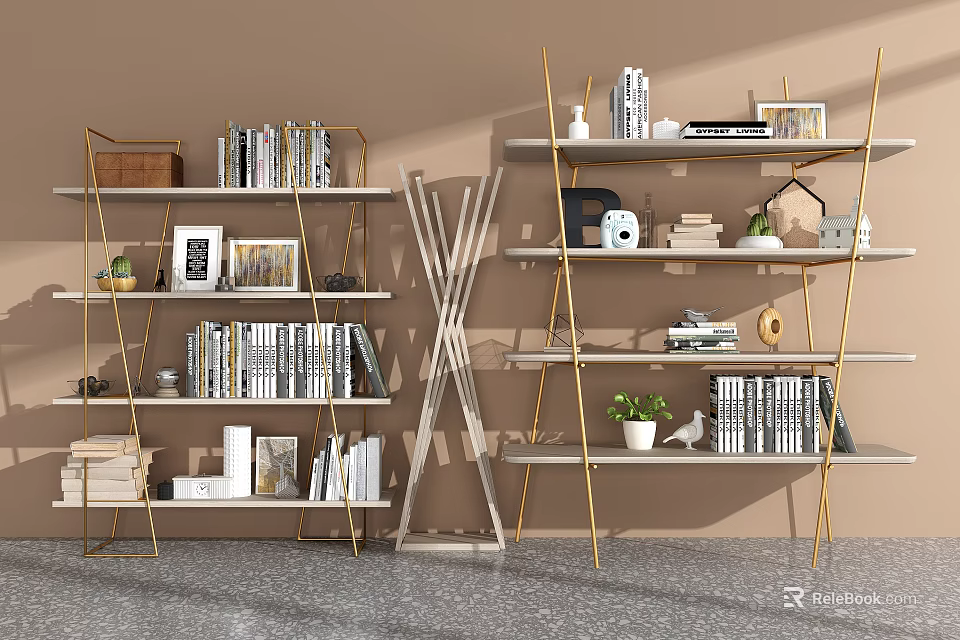 Modern Bookcase With Metal Frame Open Shelves Books Decorative Items Potted Plants 3d model 