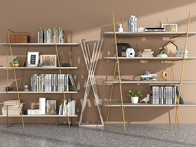 Modern Bookcase With Metal Frame Open Shelves Books Decorative Items Potted Plants 3d model