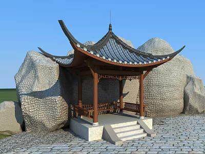 Traditional Landscape Pavilion Featuring Wooden Structure Black Tile Roof Curved Eaves And Large Rocks 3d model