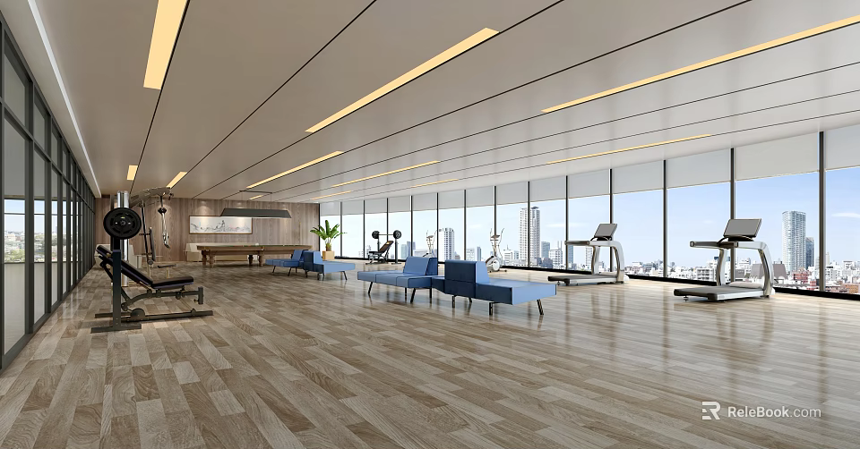 Clubhouse Fitness Gym With Floor-to-ceiling Windows City View Exercise Equipment Wooden Flooring And Blue Seats 3d model 