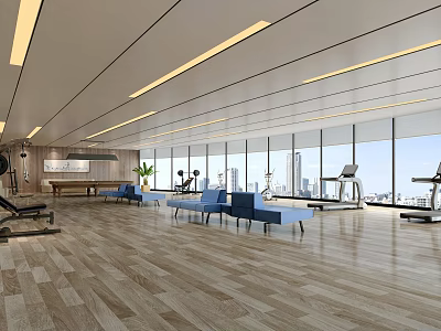 Clubhouse Fitness Gym With Floor-to-ceiling Windows City View Exercise Equipment Wooden Flooring And Blue Seats 3d model