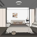 Modern Bedroom Interior With Striped Bedding Pillows Wall Art And Accent Chair