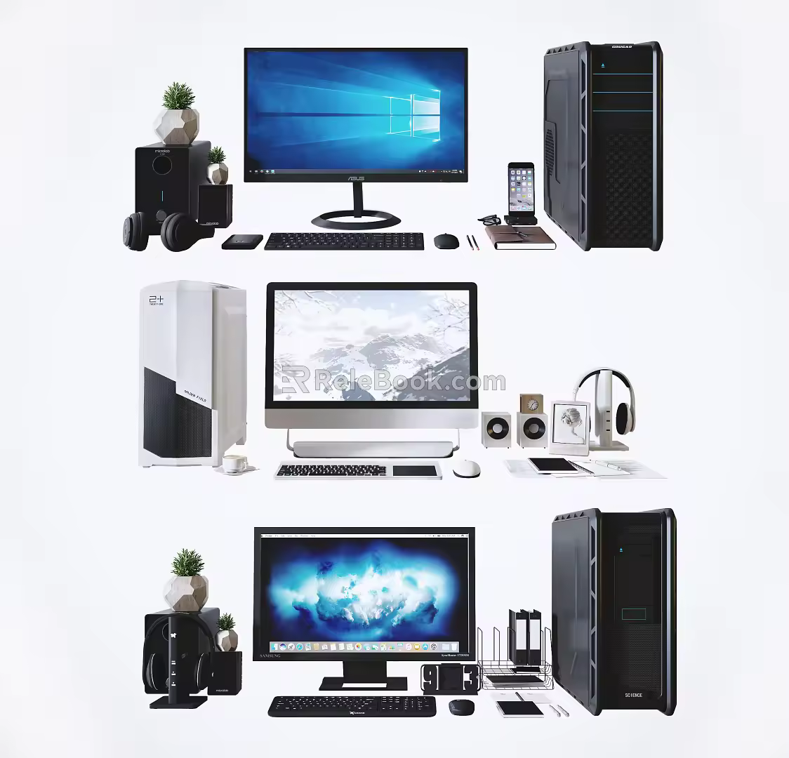 Modern computer desktop computer office desktop furnishings combination 3d model