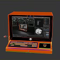 Orange Electronic Workstation with Screen Displaying 3D Model Interface and Keyboard Mouse Area
