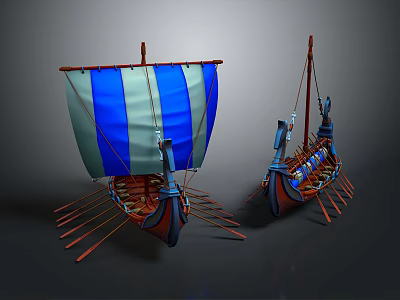 Ancient Water Vessels With Blue And White Sails And Multiple Oars 3d model