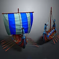 Ancient Water Vessels With Blue And White Sails And Multiple Oars