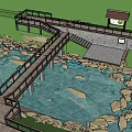 Scenic Bridge With Railing And Staircase Over Stream Rocks And Grass Hillside 3d model