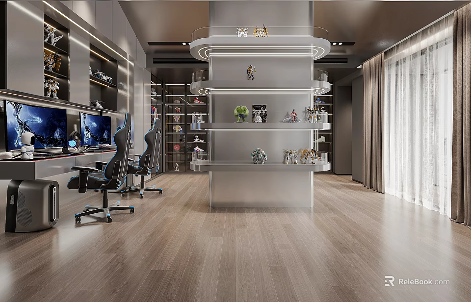 Modern Bedroom Gaming Setup With Dual Computers Bookshelves Display Shelves And Wooden Flooring 3d model 