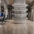 Modern Bedroom Gaming Setup With Dual Computers Bookshelves Display Shelves And Wooden Flooring
