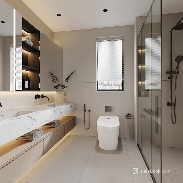 Modern Bathroom Interior Design With Double Vanity Marble Countertop Smart Toilet And Glass Shower Enclosure 3d model 