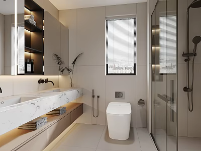 Modern Bathroom Interior Design With Double Vanity Marble Countertop Smart Toilet And Glass Shower Enclosure 3d model