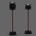 Two Black Spiked Sphere Weapons With Red Chains And Black Bases 3d model