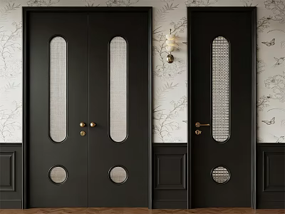 Black Hinged Doors With Glass Panels Double And Single Design On Decorative Wallpaper 3d model