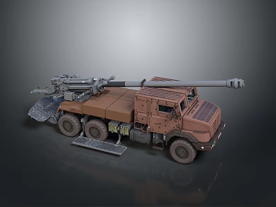 Brown Military Vehicle Truck With Six Wheel Design And Large Artillery Gun 3d model