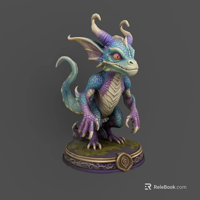 Mythical Dragon Game Movie Character With Blue Purple Scales Horns Wings Tail And Decorative Base 3d model 