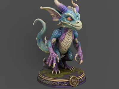 Mythical Dragon Game Movie Character With Blue Purple Scales Horns Wings Tail And Decorative Base 3d model