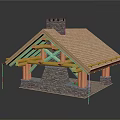 Rustic Wooden Cabin Structure With Crossed Beams Stone Chimney And Tile Roof