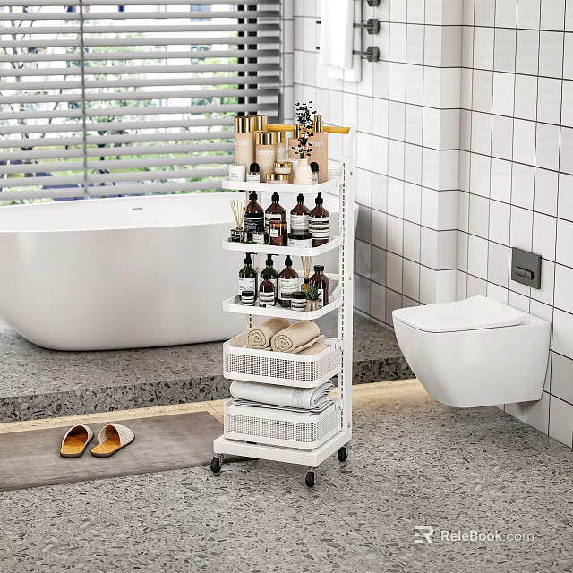 Bathroom Mobile Storage Shelf With Toiletries Towels And Organizer Bins White Tile Walls 3d model 