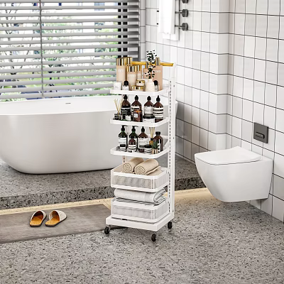 Bathroom Mobile Storage Shelf With Toiletries Towels And Organizer Bins White Tile Walls 3d model